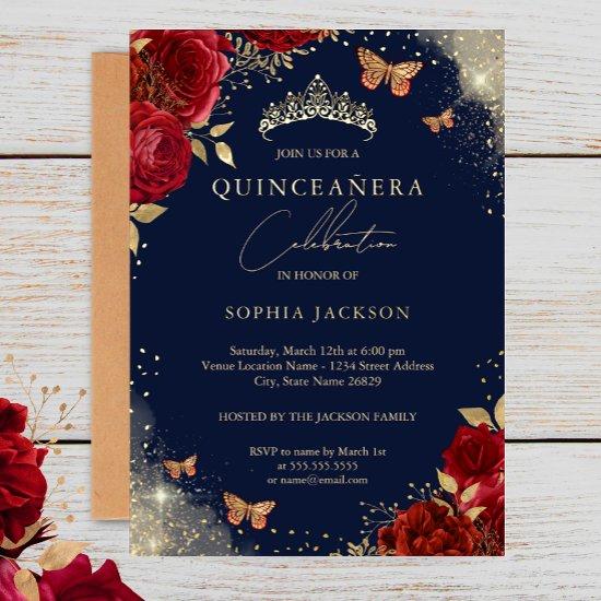 Butterfly Navy Red Rose Gold Tiara Quinceanera  Foil