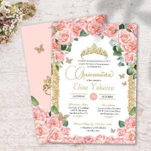 Butterfly Peach Floral Rose and Gold Quinceanera
