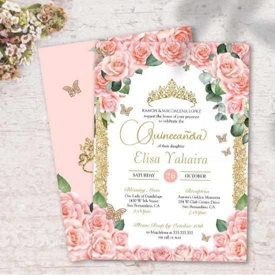 Butterfly Peach Floral Rose and Gold Quinceanera