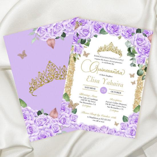Butterfly Purple Floral Rose and Gold Quinceanera