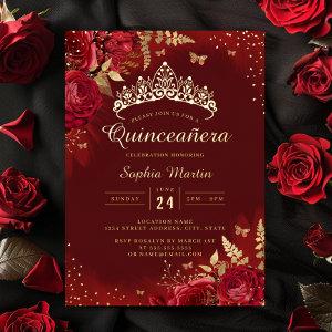 Butterfly Red Gold Floral Quinceanera  Foil