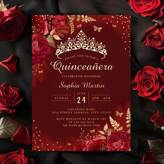 Butterfly Red Gold Floral Quinceanera  Foil
