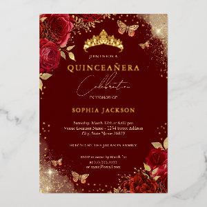 Butterfly Red Rose Gold Tiara Quinceanera  Foil