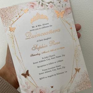 Butterfly Rose Gold Pink Blush Floral Quinceanera Foil