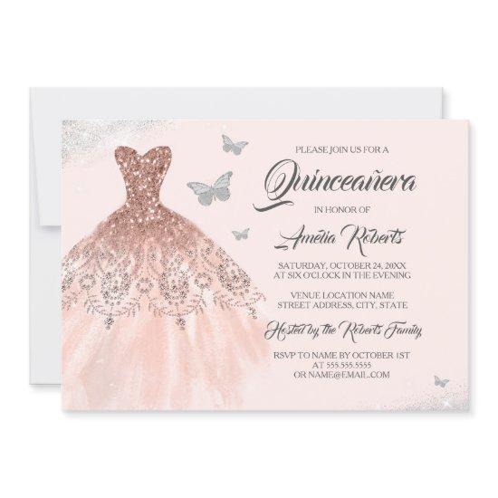 Butterfly Rose Gold Sparkle Dress Quinceanera