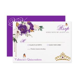 Butterfly Rose Royal Purple Gold Tiara Quinceanera RSVP Card