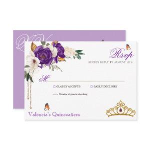 Butterfly Rose Royal Purple Gold Tiara Quinceanera RSVP Card