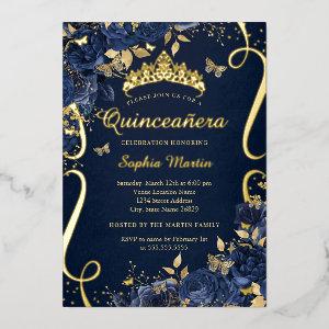Butterfly Royal Navy Flower Gold Quinceanera Foil