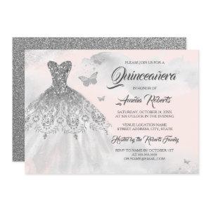 Butterfly Silver Pink Dress Watercolor Quinceanera