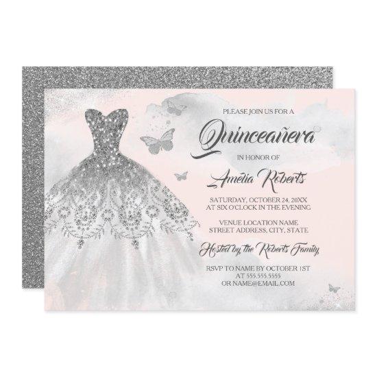 Butterfly Silver Pink Dress Watercolor Quinceanera