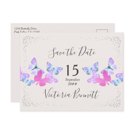 Butterfly Skies Pink Silver Confetti Save the Date Announcement Postcard