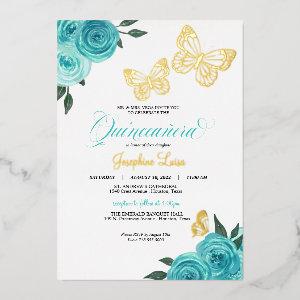 Butterfly Turquoise Roses Quinceanera Real Foil