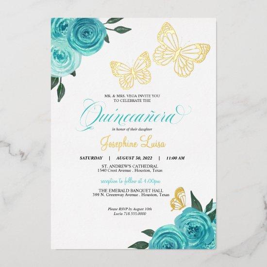 Butterfly Turquoise Roses Quinceanera Real Foil