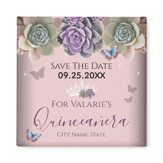 Cactus Butterfly Elegant Quinceanera Save the Date Magnet