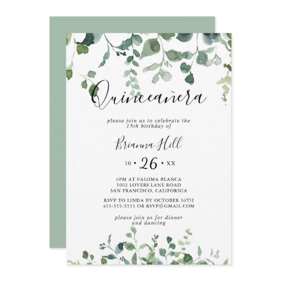Calligraphy Script Green Foliage Quinceañera