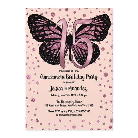 Cassis Pink Butterfly Glitter Confetti Quinceañera