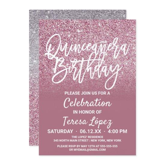 Cassis Pink Silver Faux Glitter Ombre Quinceañera