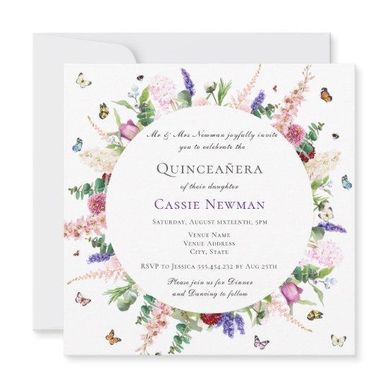 Casual Pink Purple Floral Butterflies Quinceañera