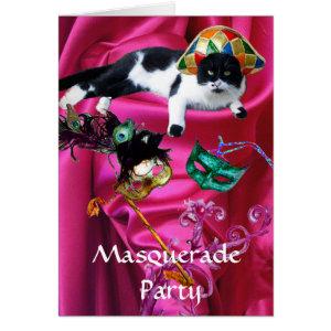 CAT WITH HARLEQUIN HAT AND MASQUERADE PARTY MASKS