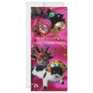 CAT WITH HARLEQUIN HAT AND MASQUERADE PARTY MASKS