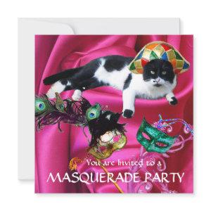 CAT WITH HARLEQUIN HAT AND MASQUERADE PARTY MASKS