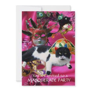 CAT WITH HARLEQUIN HAT AND MASQUERADE PARTY MASKS
