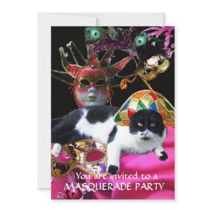 CAT WITH HARLEQUIN HAT AND MASQUERADE PARTY MASKS