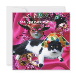CAT WITH HARLEQUIN HAT AND MASQUERADE PARTY MASKS