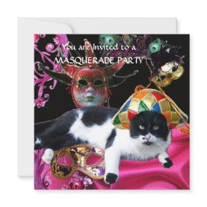 CAT WITH HARLEQUIN HAT AND MASQUERADE PARTY MASKS