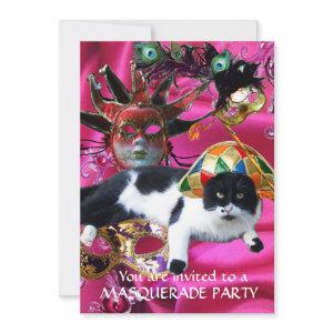 CAT WITH HARLEQUIN HAT AND MASQUERADE PARTY MASKS