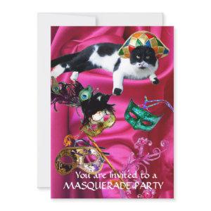 CAT WITH HARLEQUIN HAT AND MASQUERADE PARTY MASKS