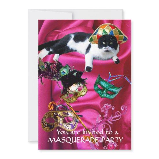 CAT WITH HARLEQUIN HAT AND MASQUERADE PARTY MASKS