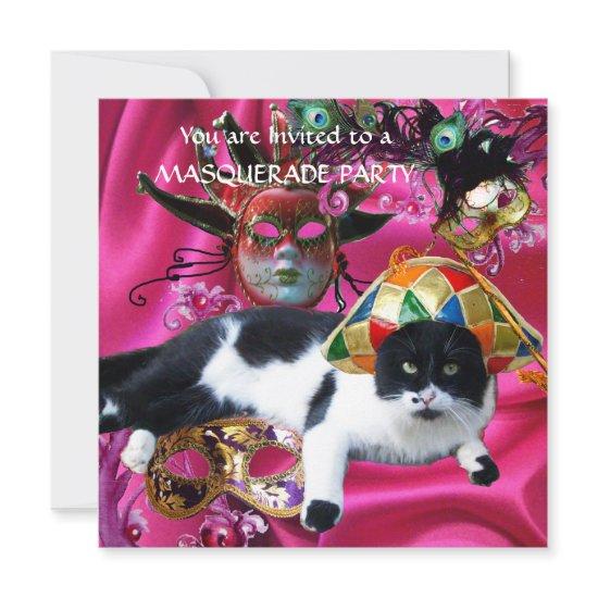 CAT WITH HARLEQUIN HAT AND MASQUERADE PARTY MASKS