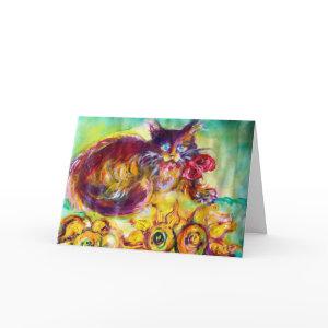 CAT WITH RED RIBBON AND SUNFLOWERS Happy Birthday Card