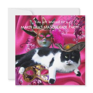 CAT WITH TRICORN HAT AND MASQUERADE PARTY MASKS