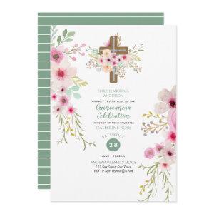 Catholic Floral Cross Quinceanera Invite Sage Pink