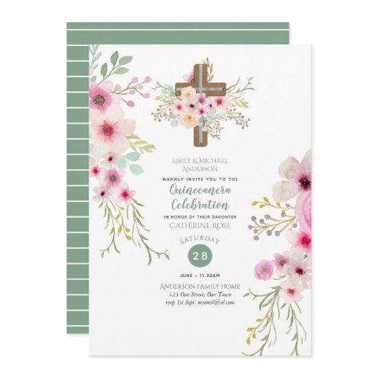 Catholic Floral Cross Quinceanera Invite Sage Pink