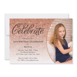 Celebrate Fancy Script Rose Gold Glitter Photo