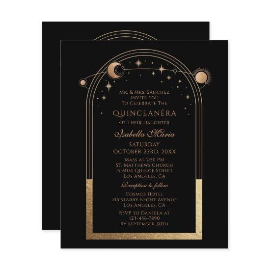 Celestial Black Gold Bilingual Spanish Quinceañera
