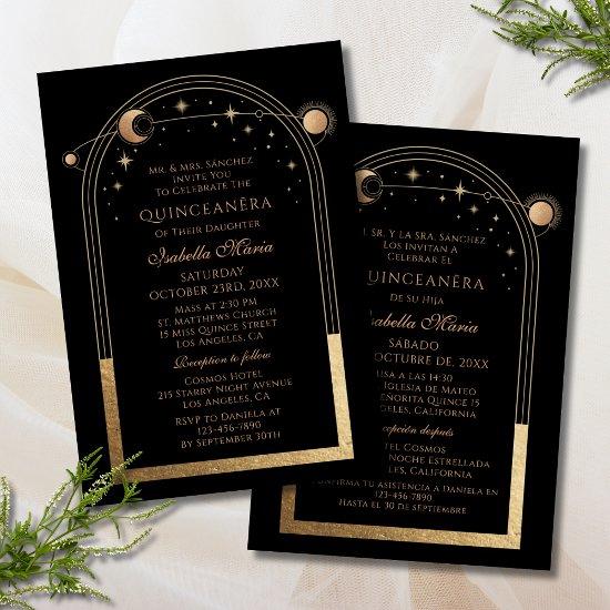 Celestial Black Gold Bilingual Spanish Quinceañera