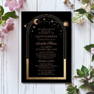 Celestial Black Gold Sun Moon Stars Quinceañera