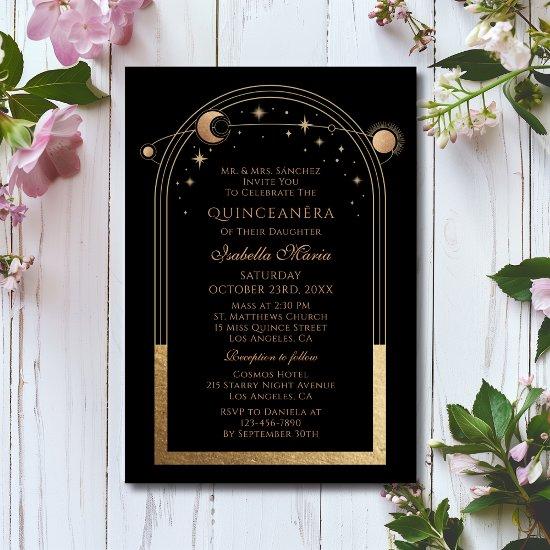 Celestial Black Gold Sun Moon Stars Quinceañera