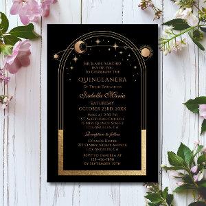Celestial Black Gold Sun Moon Stars Quinceañera