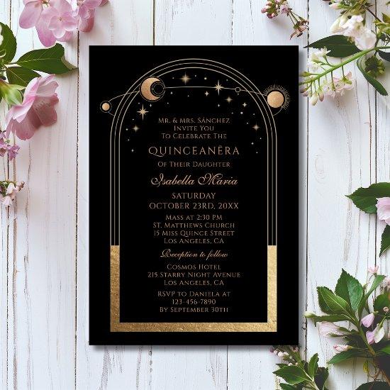 Celestial Black Gold Sun Moon Stars Quinceañera