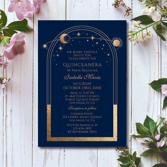 Celestial Blue Gold Sun Moon Stars Quinceañera