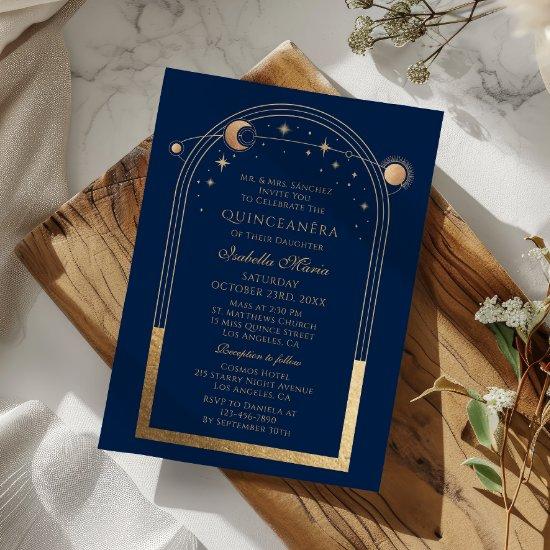 Celestial Blue Gold Sun Moon Stars Quinceañera