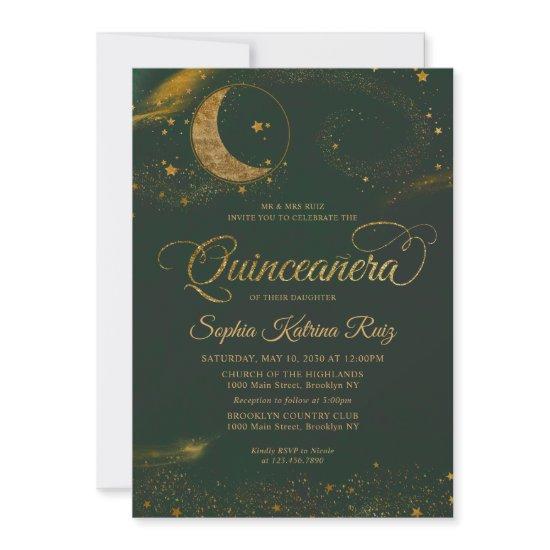 Celestial Emerald Green Gold Star Moon Quinceanera