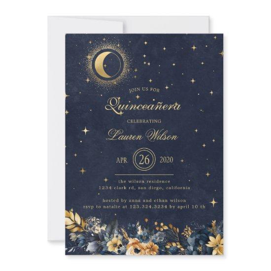 Celestial Floral Blue Gold Stars Quinceanera