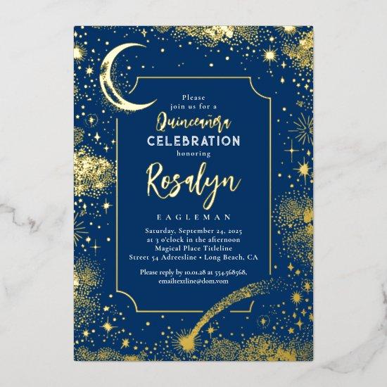 Celestial Gold Stars and Moon Night Quinceanera  Foil