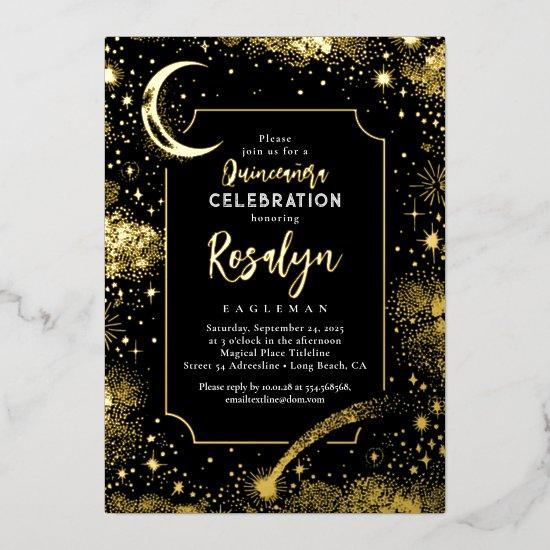 Celestial Gold Stars and Moon Night Quinceanera  Foil
